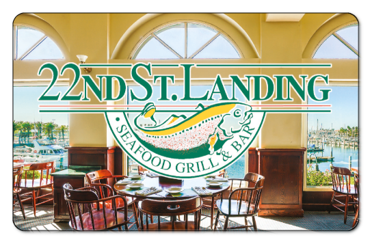 22nd St. Landing logo featured over photo of restaurant diningroom in daylight overlooking docks